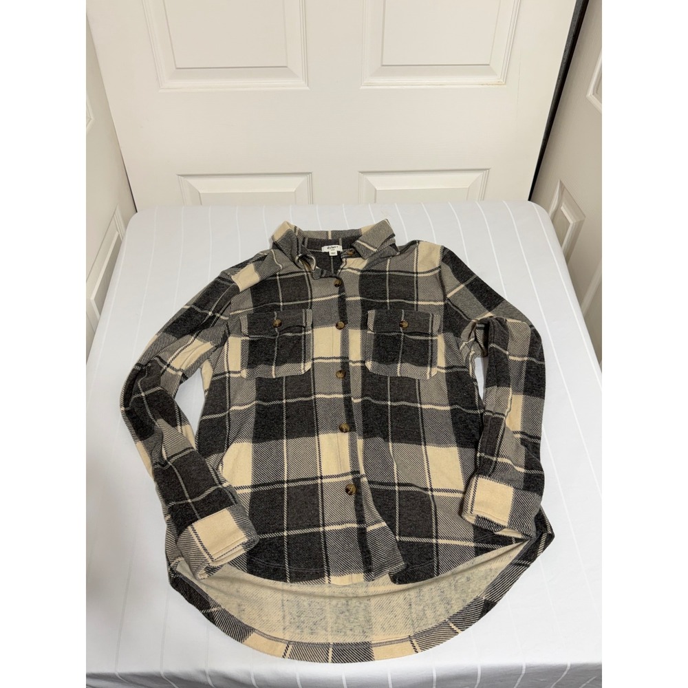 Dylan by True Grit Plaid Button Down Shirt Grey Cream Flannel Small High Low Hem